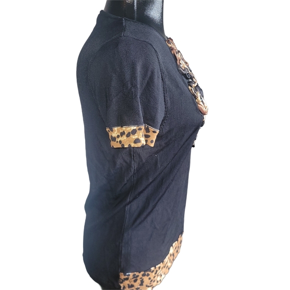 Motive Black Top with Leopard Print Trim and Embellished Front M - Picture 4 of 7